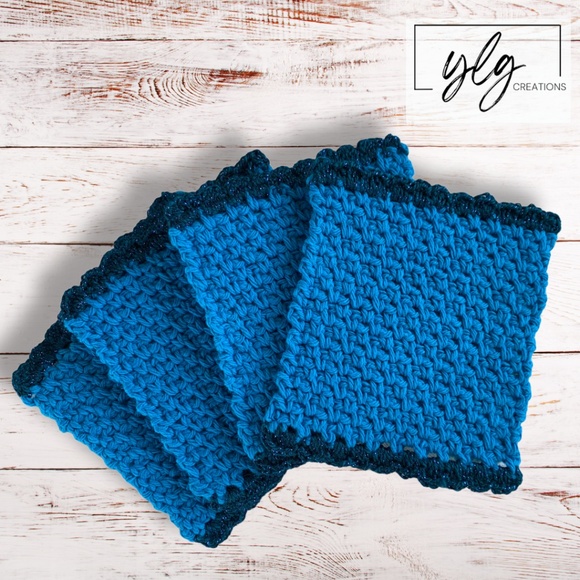 Mug Rugs Handmade Crochet Turquoise Blue Cotton Glitter Edging Set of 4 Coasters - Picture 1 of 10
